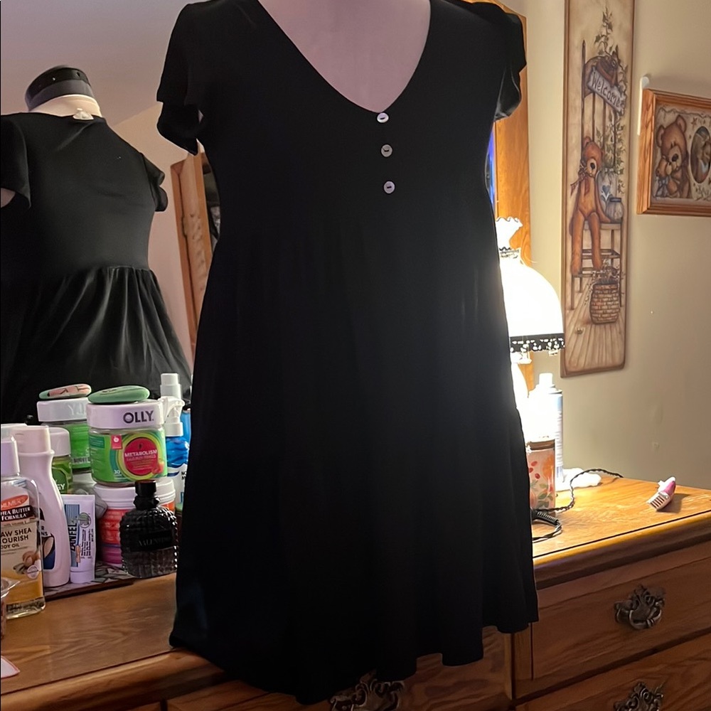 Black V-Neck Dress with Button Detail